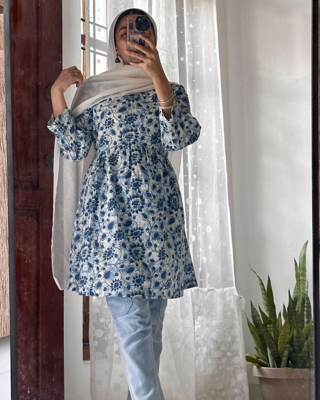 Ethereal Charm – White and Blue Gathered Peplum Top