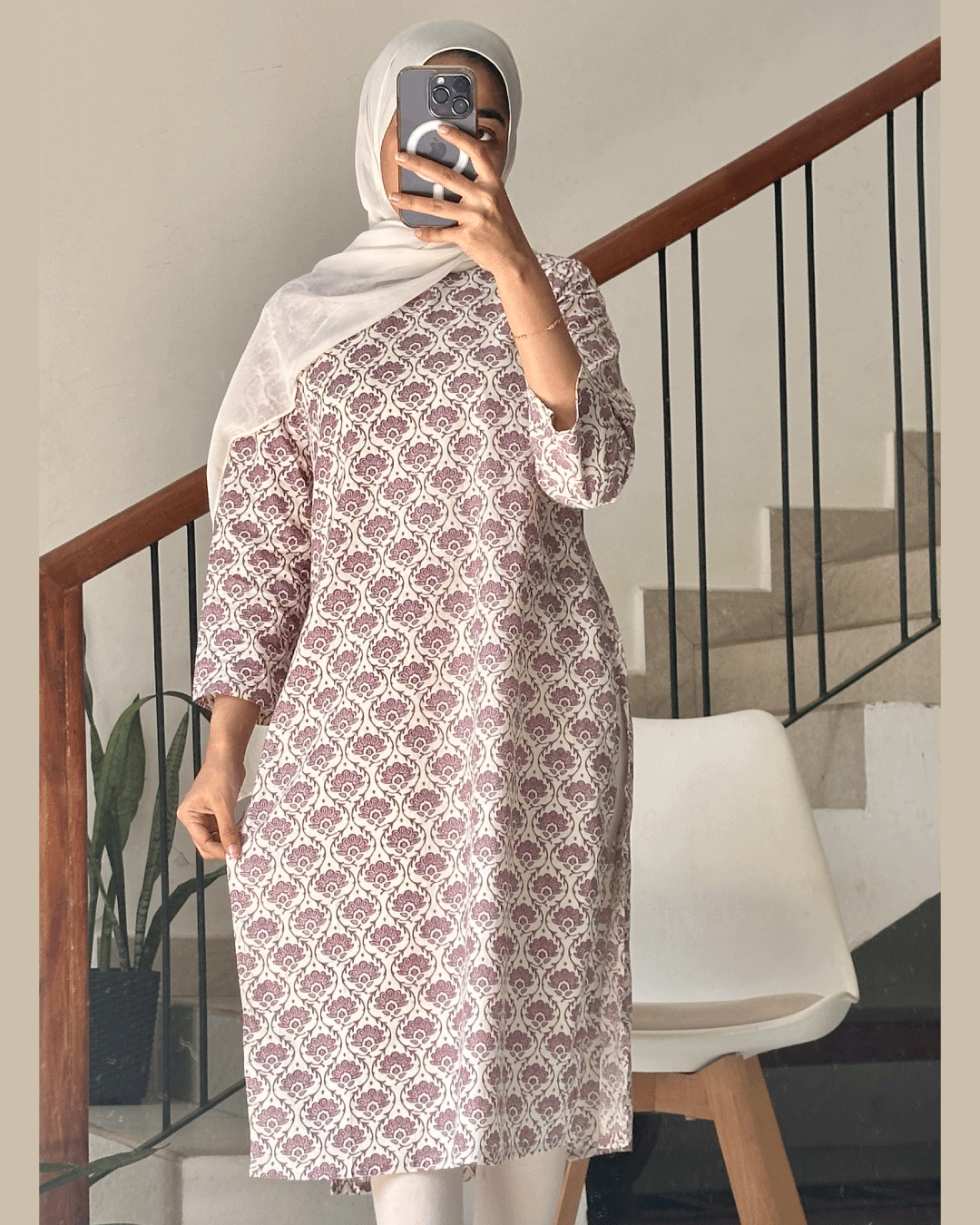 Lavender Grace – White Kurti with Desi Purple Print 40-Inch Long Kurtis