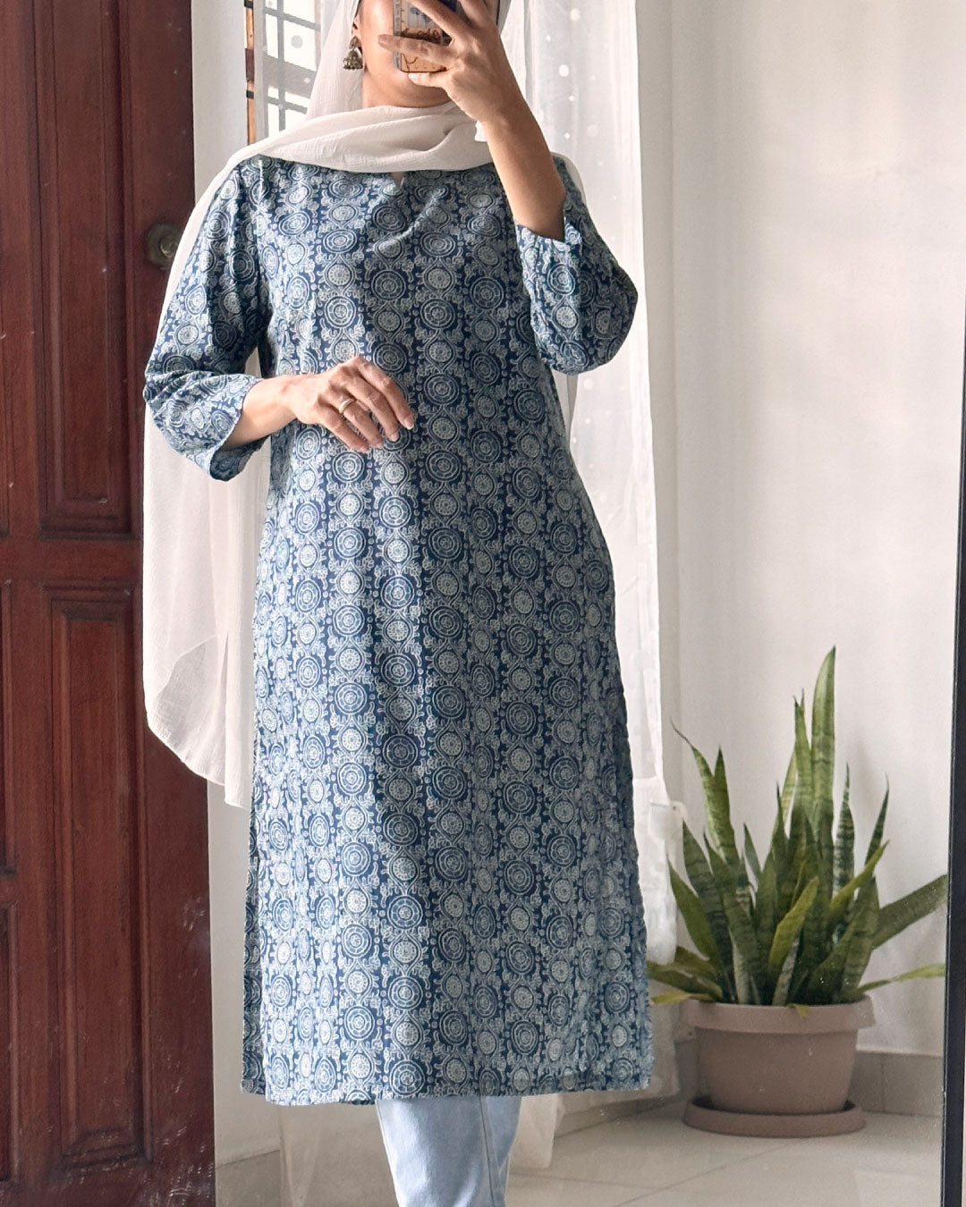 Blue Long Kurti With Circular Pattern