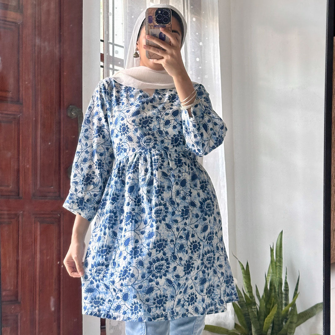 Ethereal Charm – White and Blue Gathered Peplum Top