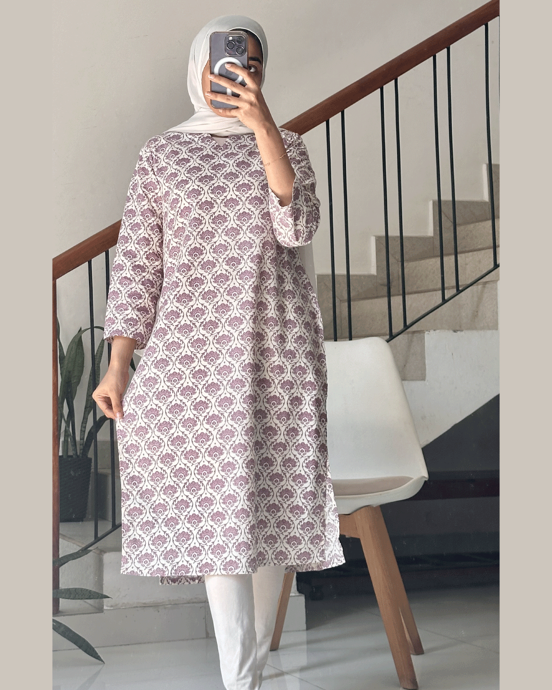 Lavender Grace – White Kurti with Desi Purple Print 40-Inch Long Kurtis