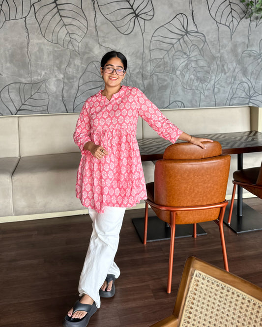 Gulzaar Bloom pink with white ethnic Peplum Top