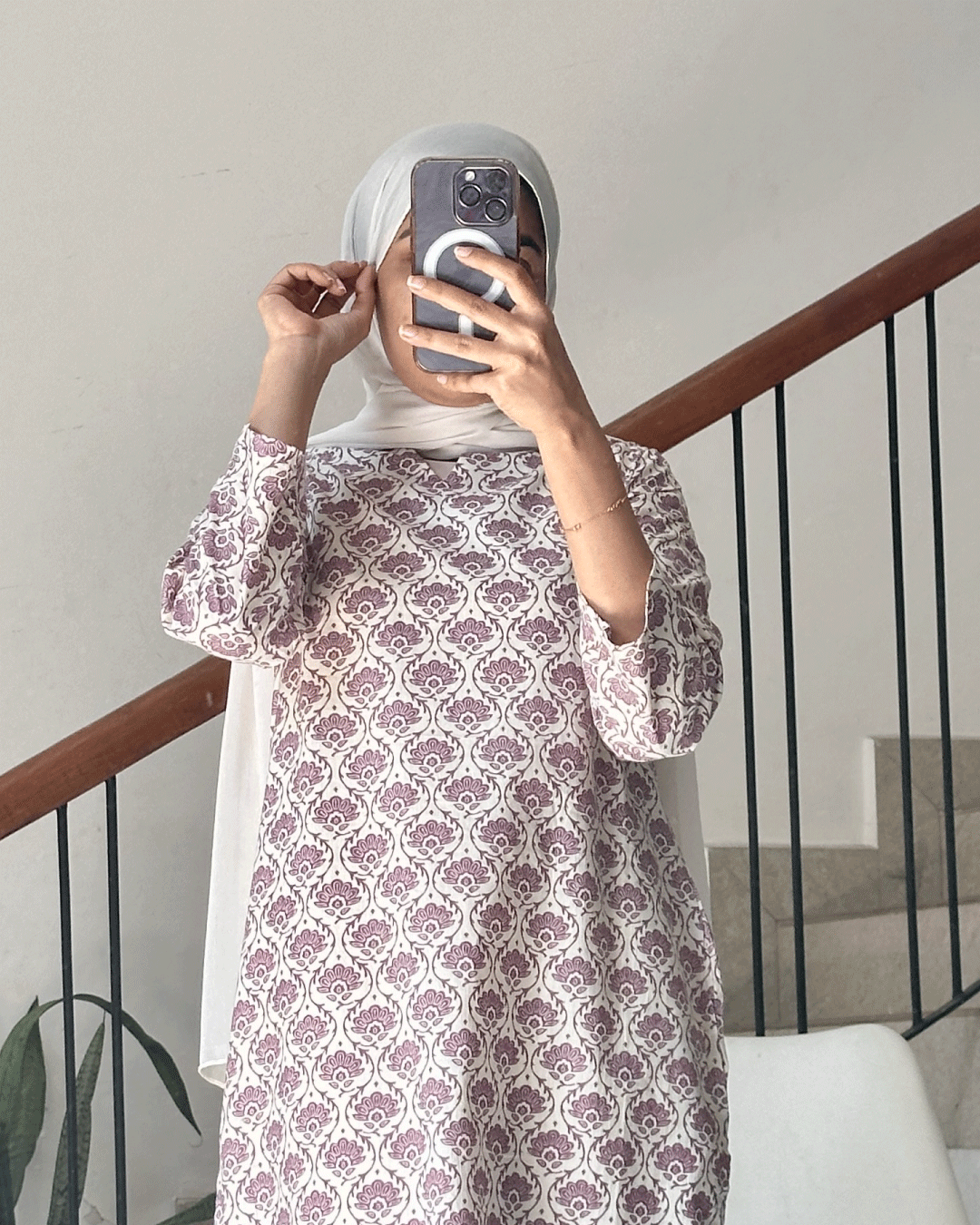 Lavender Grace – White Kurti with Desi Purple Print 40-Inch Long Kurtis