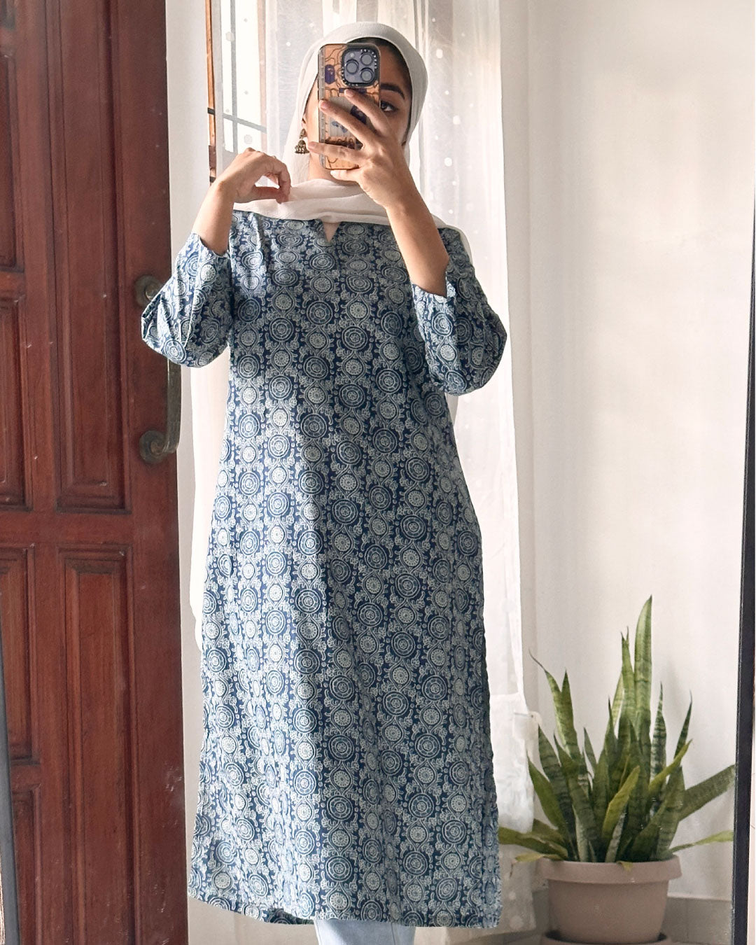Blue Long Kurti With Circular Pattern