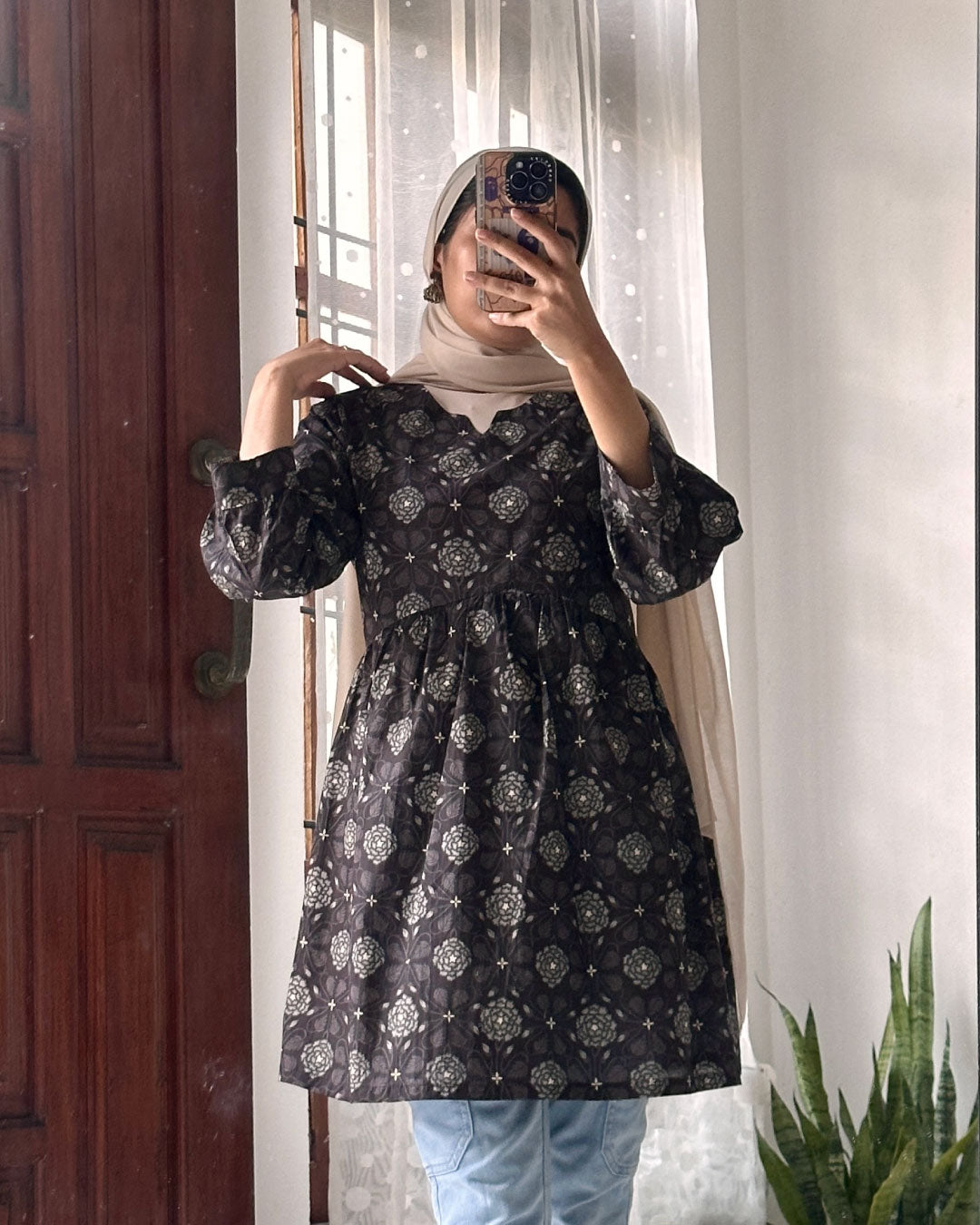 Sophisticated Harmony – Brown and Black Gathered Peplum Top