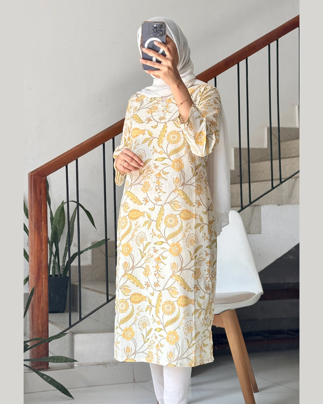 Golden Blossom – White Kurti with Floral Yellow Print