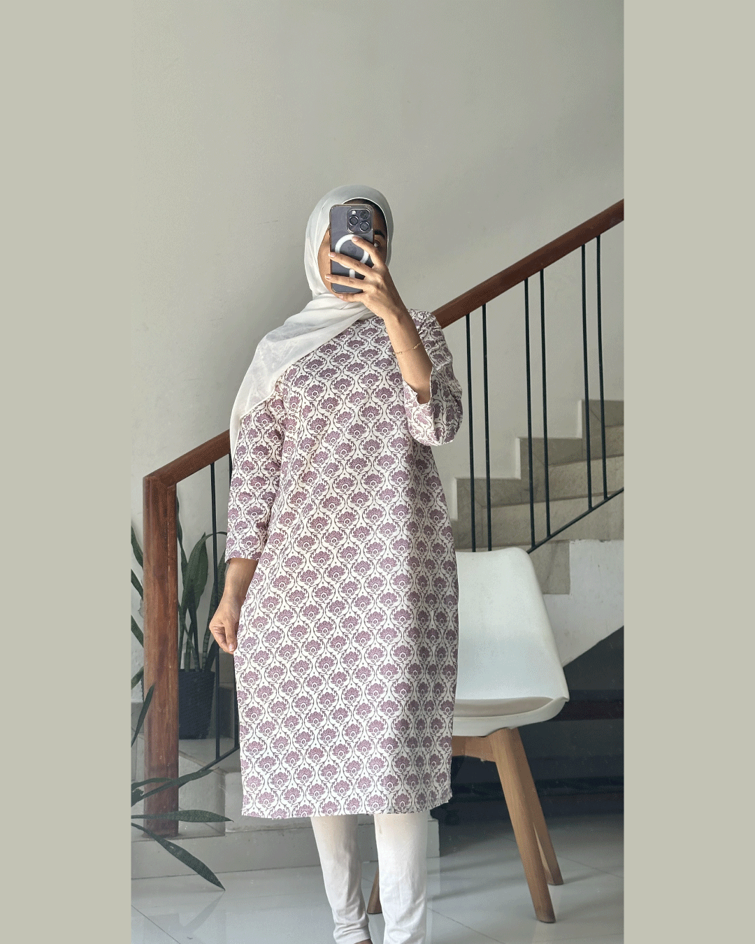 Lavender Grace – White Kurti with Desi Purple Print 40-Inch Long Kurtis