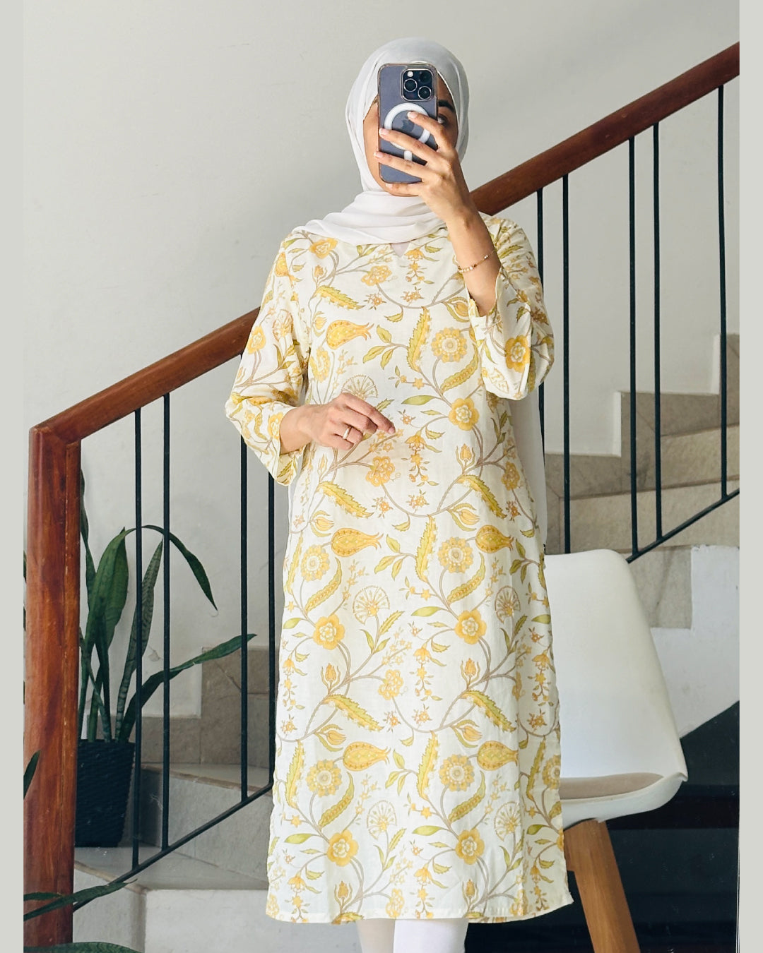 Golden Blossom – White Kurti with Floral Yellow Print