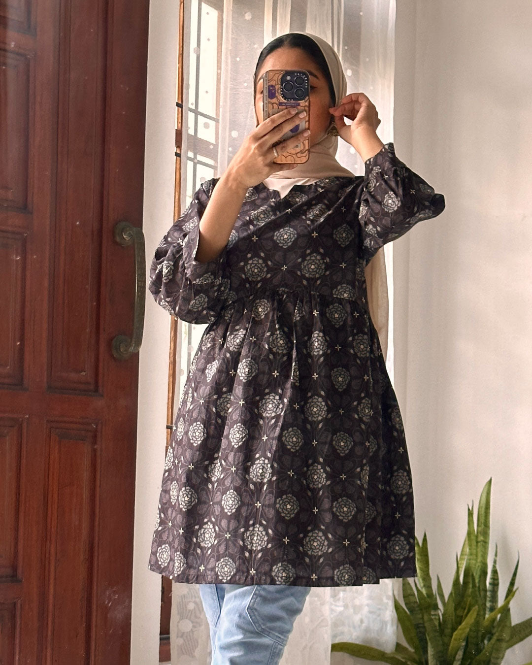 Sophisticated Harmony – Brown and Black Gathered Peplum Top