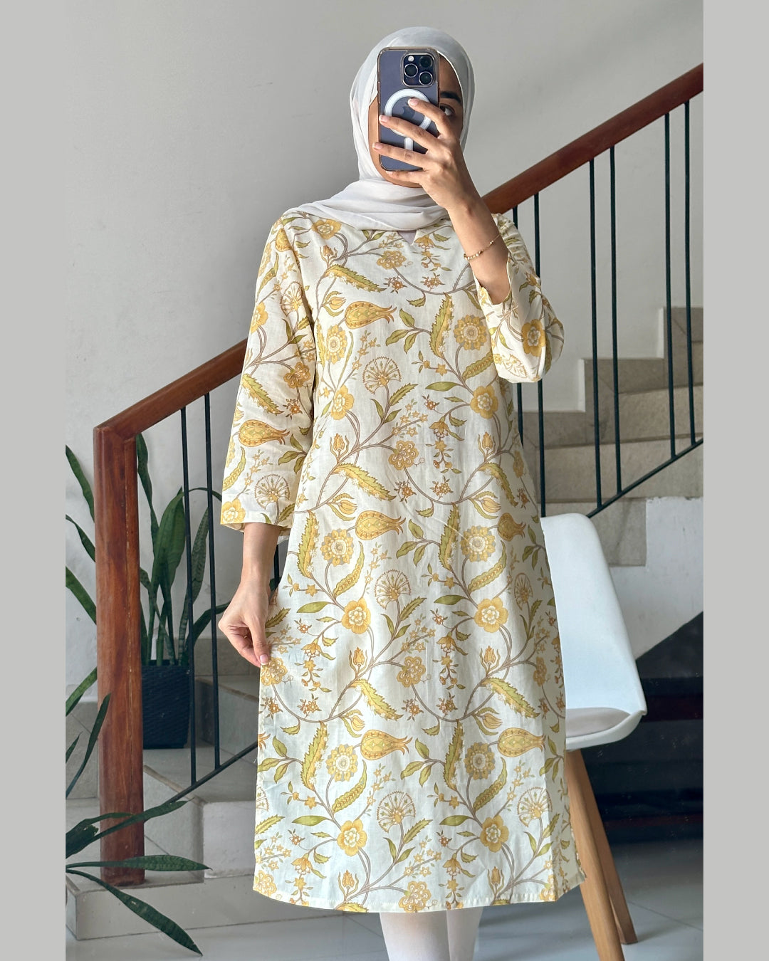 Golden Blossom – White Kurti with Floral Yellow Print