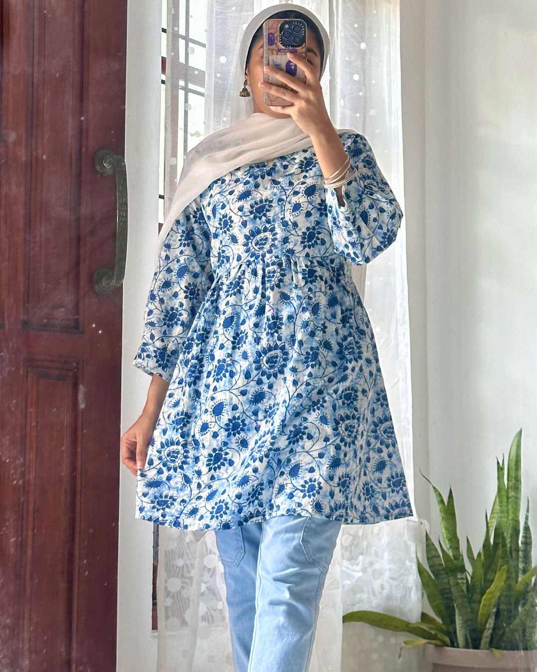 Ethereal Charm – White and Blue Gathered Peplum Top