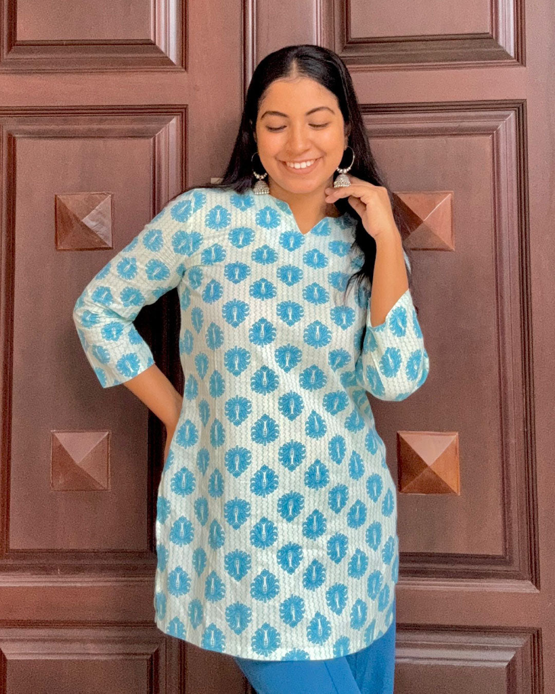 Sky Blue Hand Block Print – 30 Inch Short Kurti