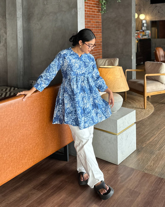 Blue Mirage Deep blue with abstract floral print Peplum Top