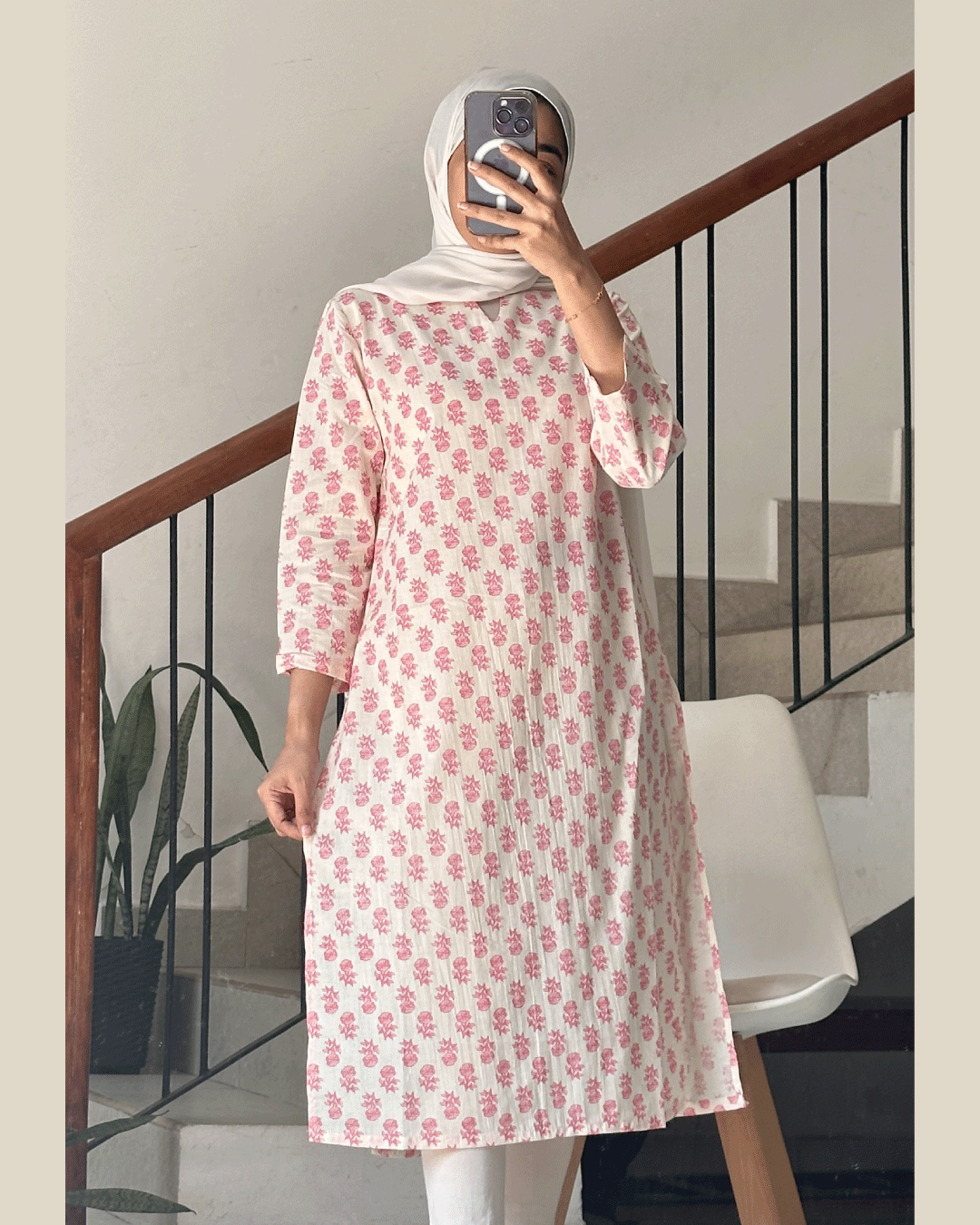 Blush Bloom - White Kurti with Desi Pink Print 40-Inch Long Kurtis