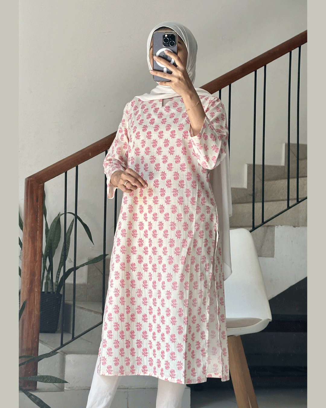 Blush Bloom - White Kurti with Desi Pink Print 40-Inch Long Kurtis