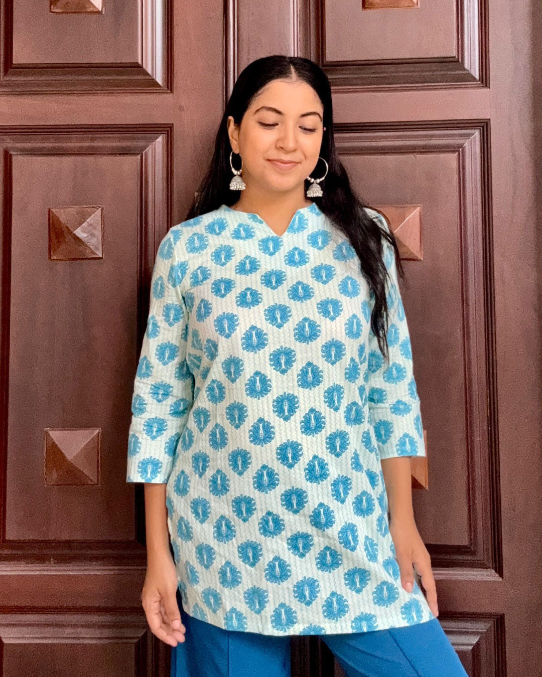 Sky Blue Hand Block Print – 30 Inch Short Kurti