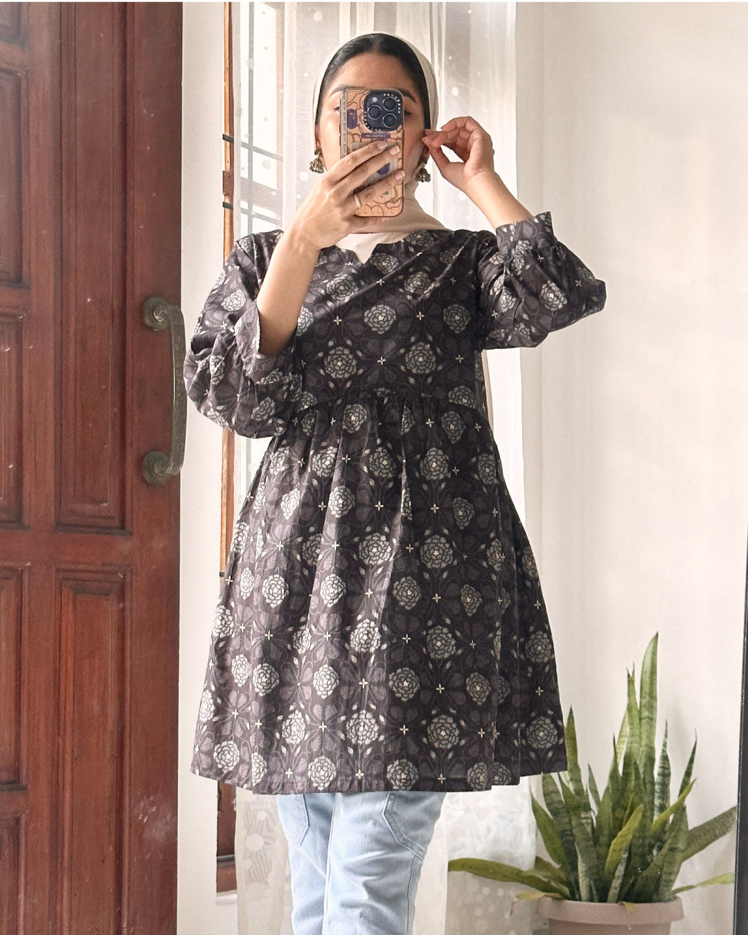 Sophisticated Harmony – Brown and Black Gathered Peplum Top