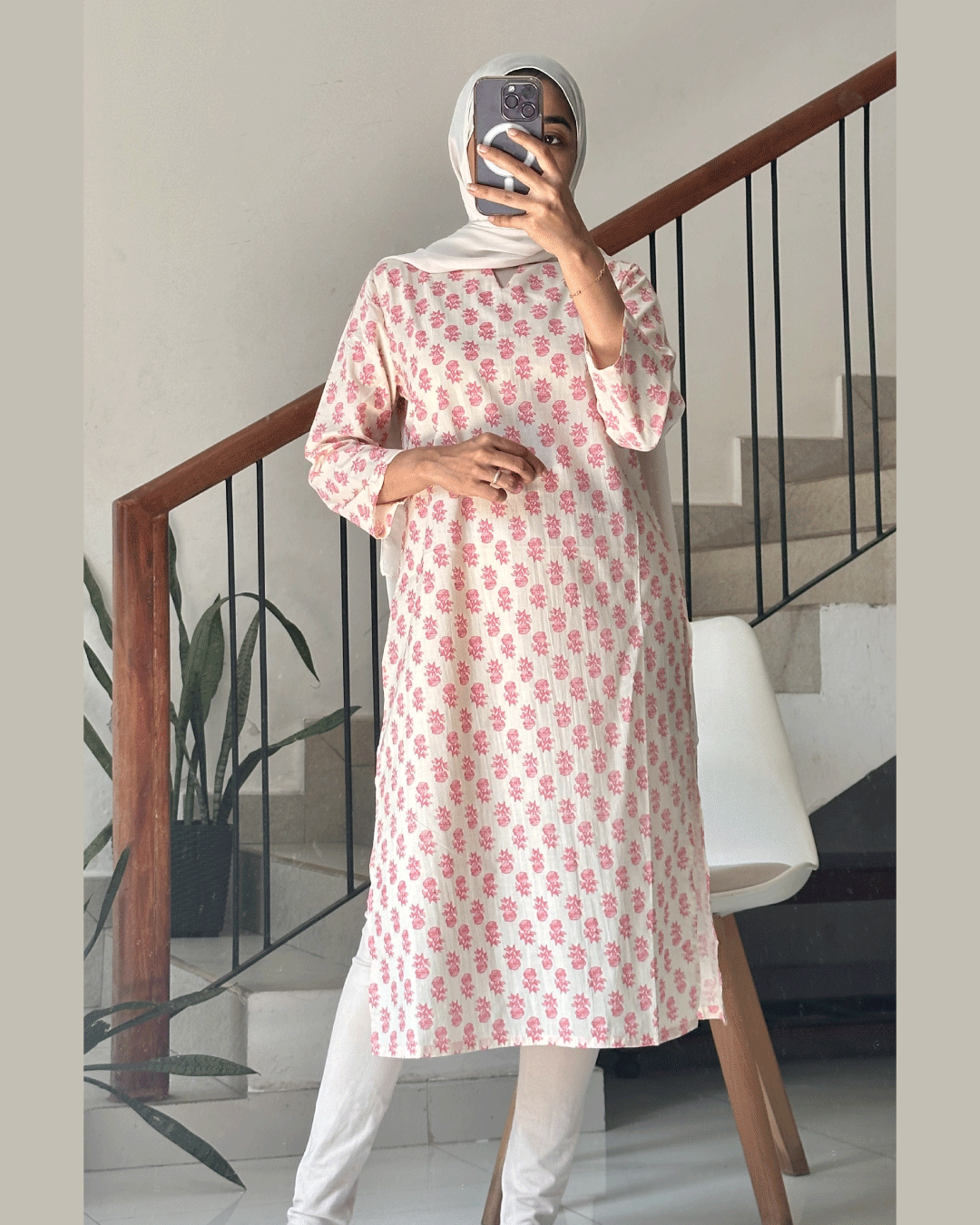 Blush Bloom - White Kurti with Desi Pink Print 40-Inch Long Kurtis