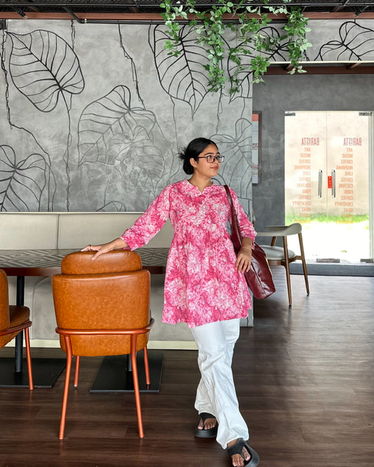 Rosette Whisper Hot pink with watercolor floral print Peplum Top