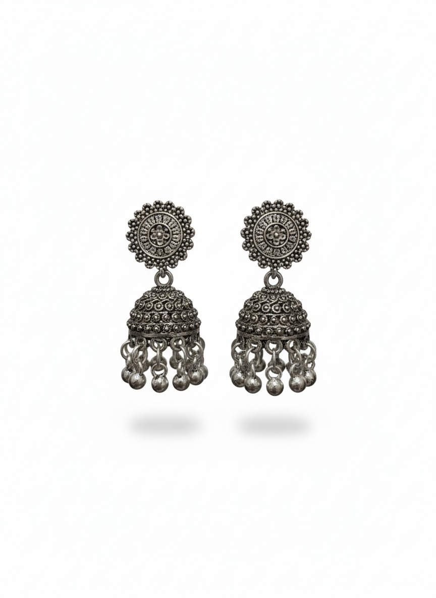 Floral Mandala Oxidized Drop Jhumka Earrings
