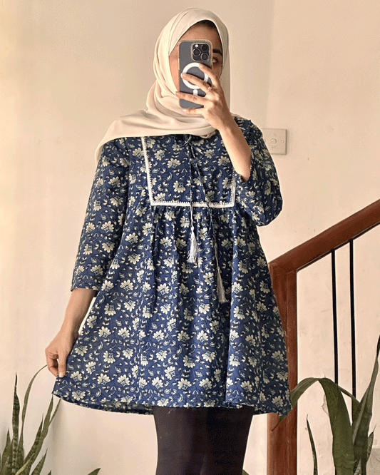 Midnight Bloom Hand-Block Printed Yoke Style Short Kurti