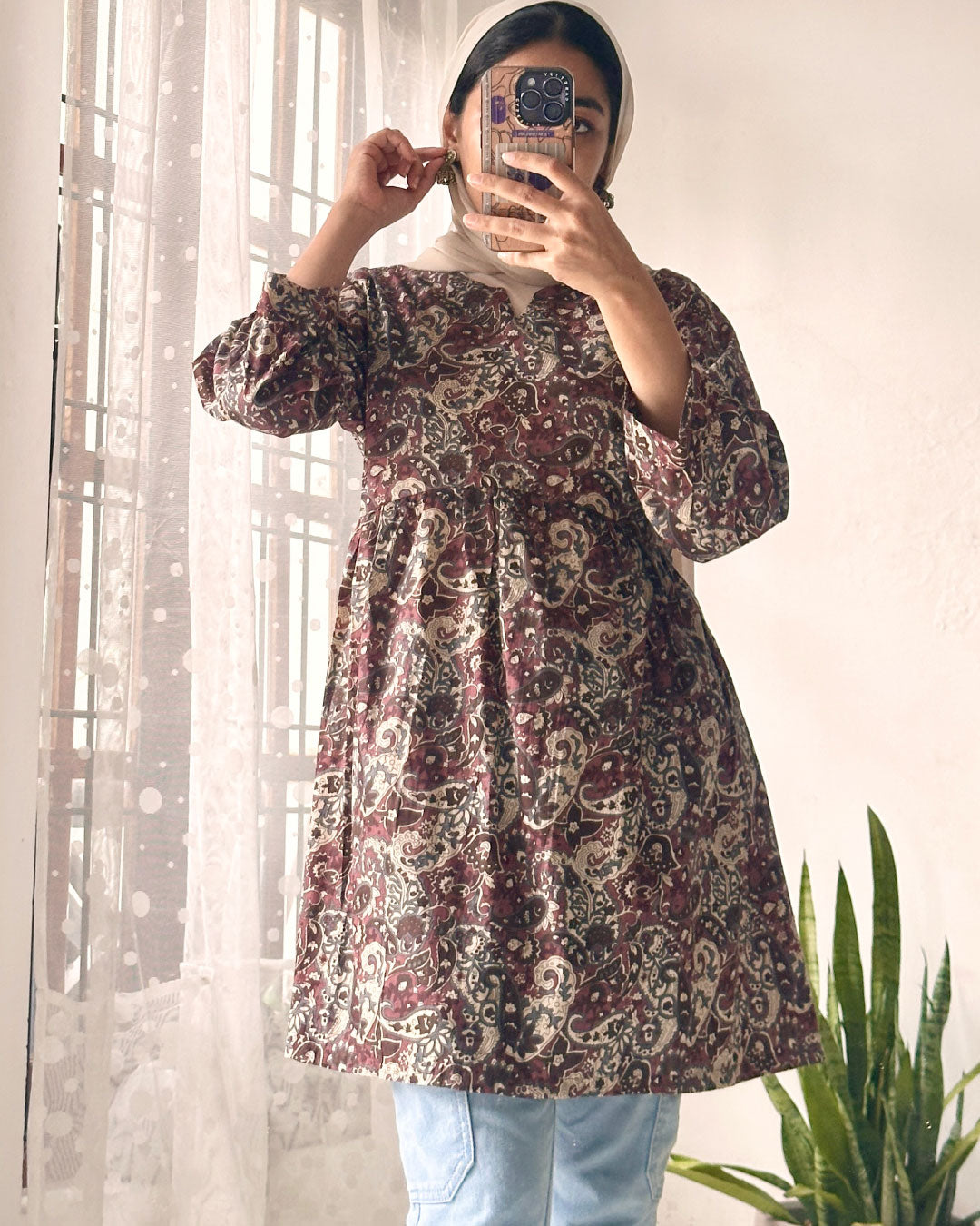 Timeless Elegance – Brown and Beige Gathered Peplum Top