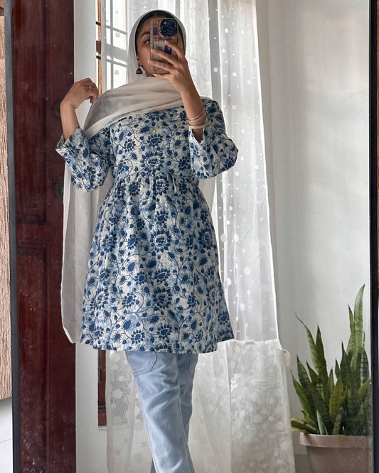 Ethereal Charm – White and Blue Gathered Peplum Top