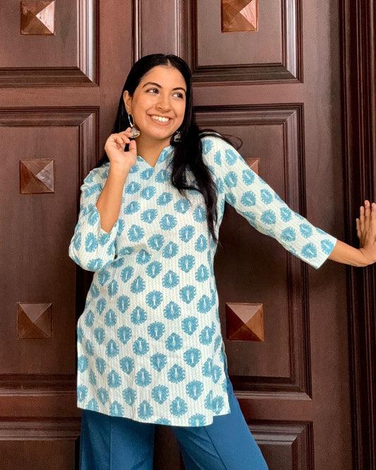 Sky Blue Hand Block Print  – 30 Inch Short Kurti