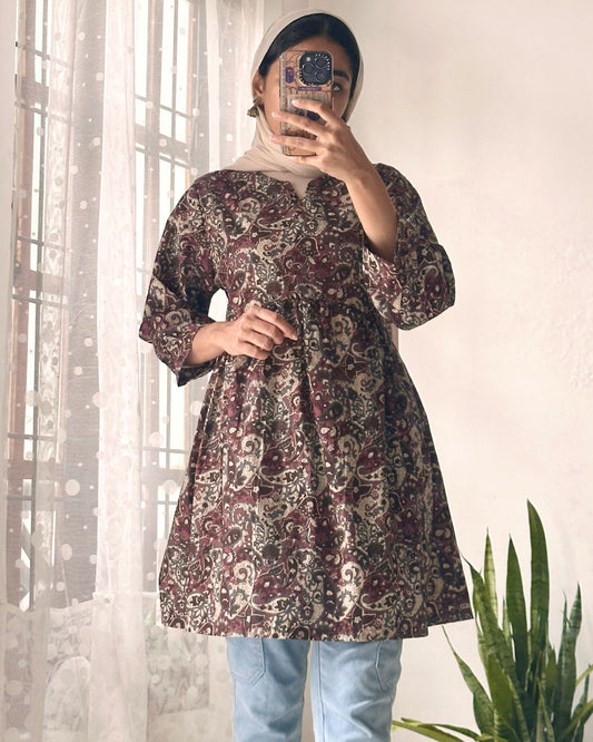 Timeless Elegance – Brown and Beige Gathered Peplum Top