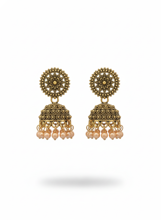 Gulabi Moti Golden Jhumkas